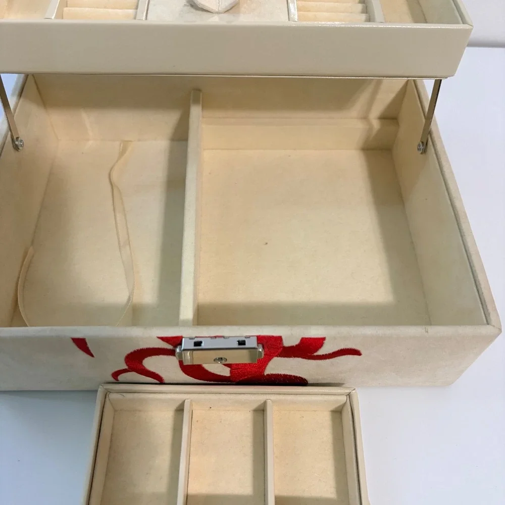 Jewelry Box Coral Embroidered Coastal Cream Red Organizer Small Mirror